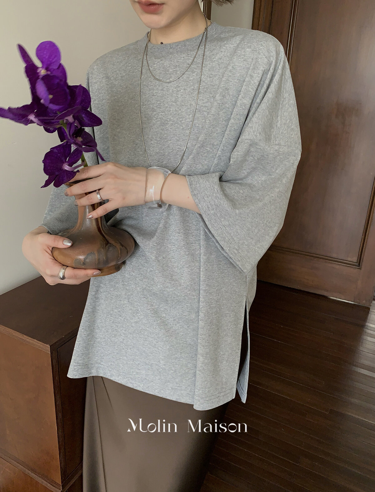 Molin ROW Batwing Sleeve T-Shirt Women's Loose Side Slit Oversize Summer Short Sleeve Cotton Polyester Blend round Neck Top