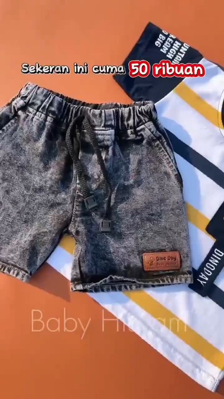 ESTISHOP Setelan baju anak laki laki kaos salur katun 30s stripe bayi celana jeans pendek fashion
