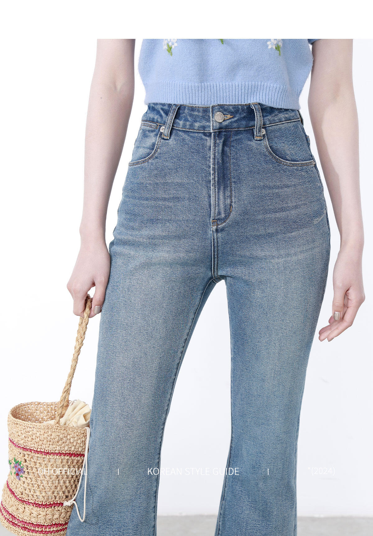High Waist Flared Jeans Women's Spring Blue Cotton Stretch Denim Floral Print Supermodel Pants Straight Leg Trousers · v2