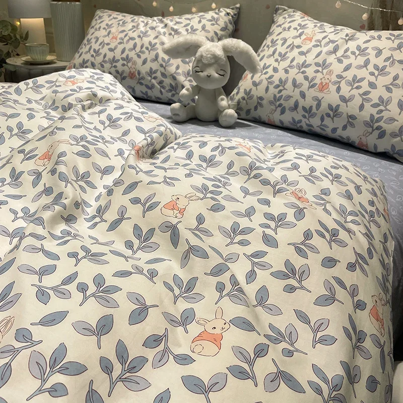INS Style Cotton Bed Four-Piece Set 100 Cotton Bedding Spring and Autumn Dormitory Bed Sheet Three-Piece Fitted Sheet Floral Quilt Cover