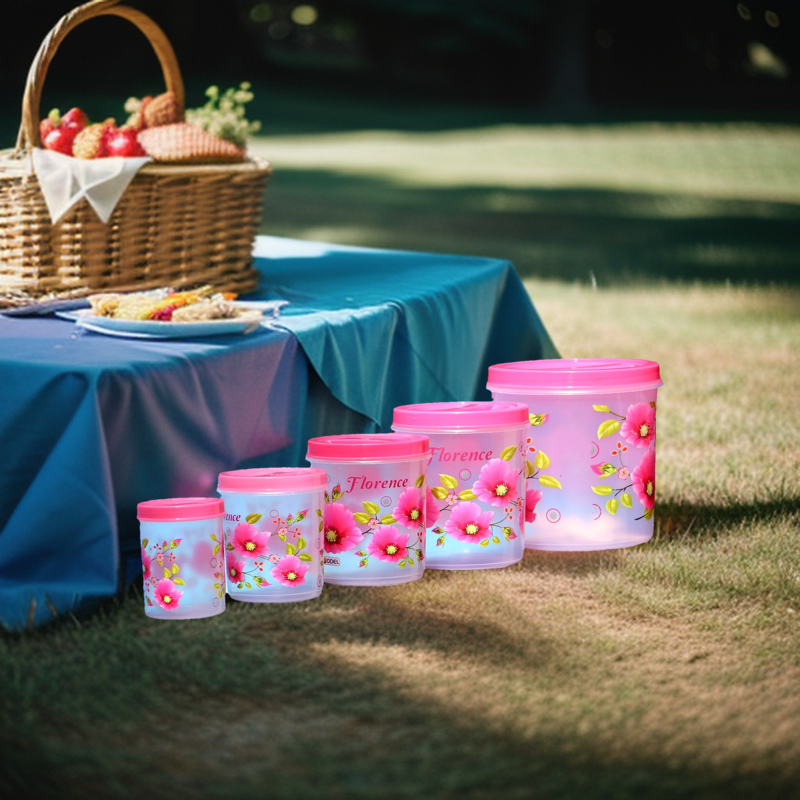 5 in 1 High Quality Plastic Kitchen Storage Containers Set with Spoons Sized from 750ml (Small) to 6 Liter (Jambo). 