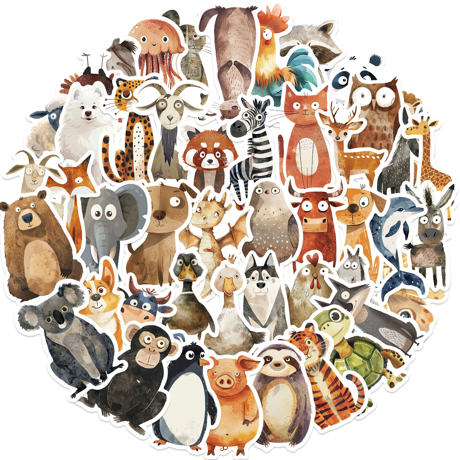 50PCS Cute Strange Watercolor Animals Stickers DIY Laptop Phone Luggage Cup Waterproof Graffiti Bicycle Car Cartoon Decals