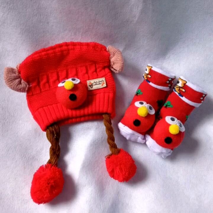 Topi Kupluk Rajut Model Kepang Plus Kaos Kaki Bayi (Anak) Usia 0-18 Bulan | Boneka Karakter Lucu dan Unik | Bahan Lembut dan tidak panas