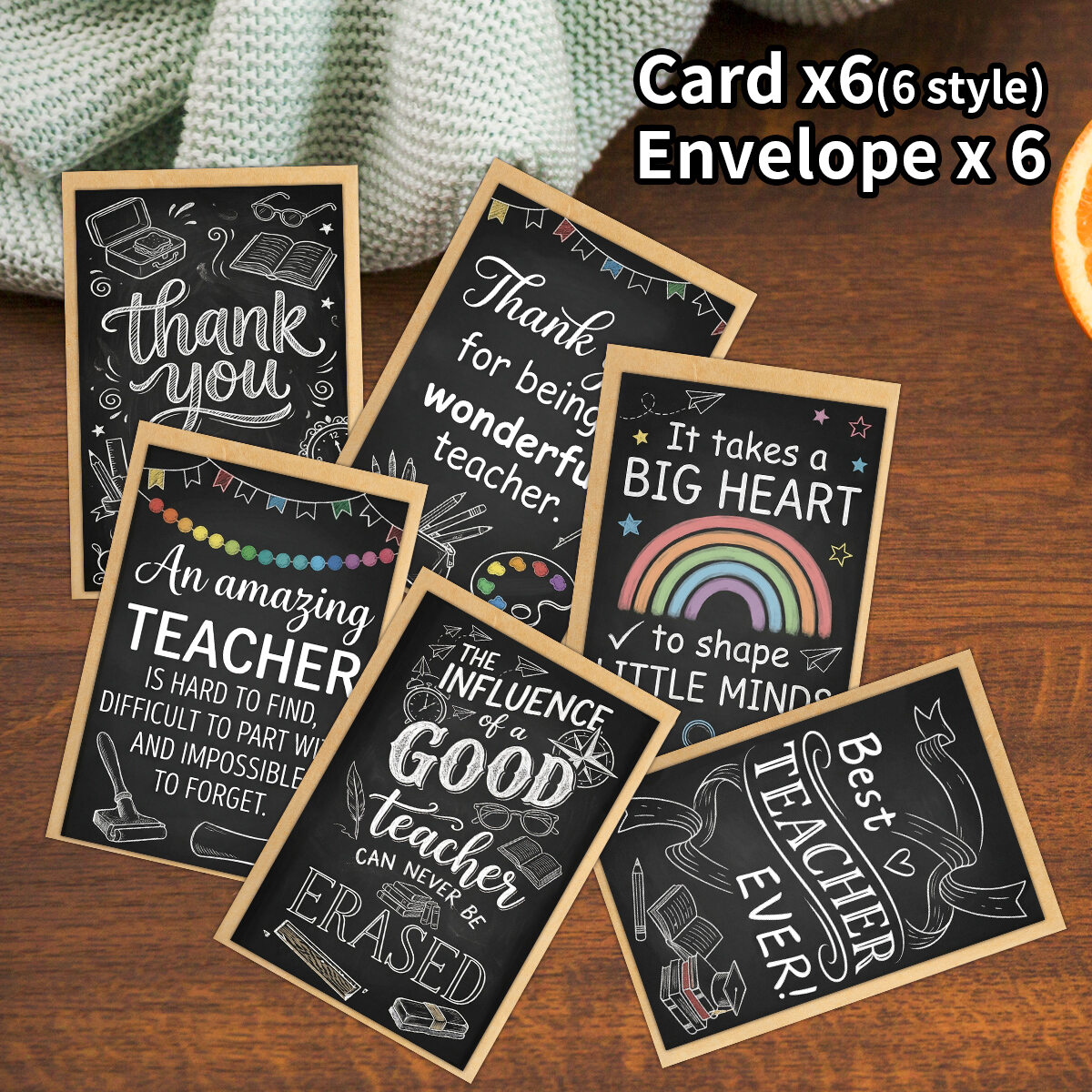 6pcs Teacher Appreciation Greeting Cards With EnvelopeChalkboard DesignFor Teacher’S DayGraduationBack-To-School Thanks Gift