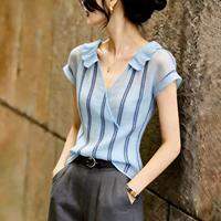 KUNAILIN | Commuter Style Elegant Fashionable V-Neck Striped Womens Blouse
