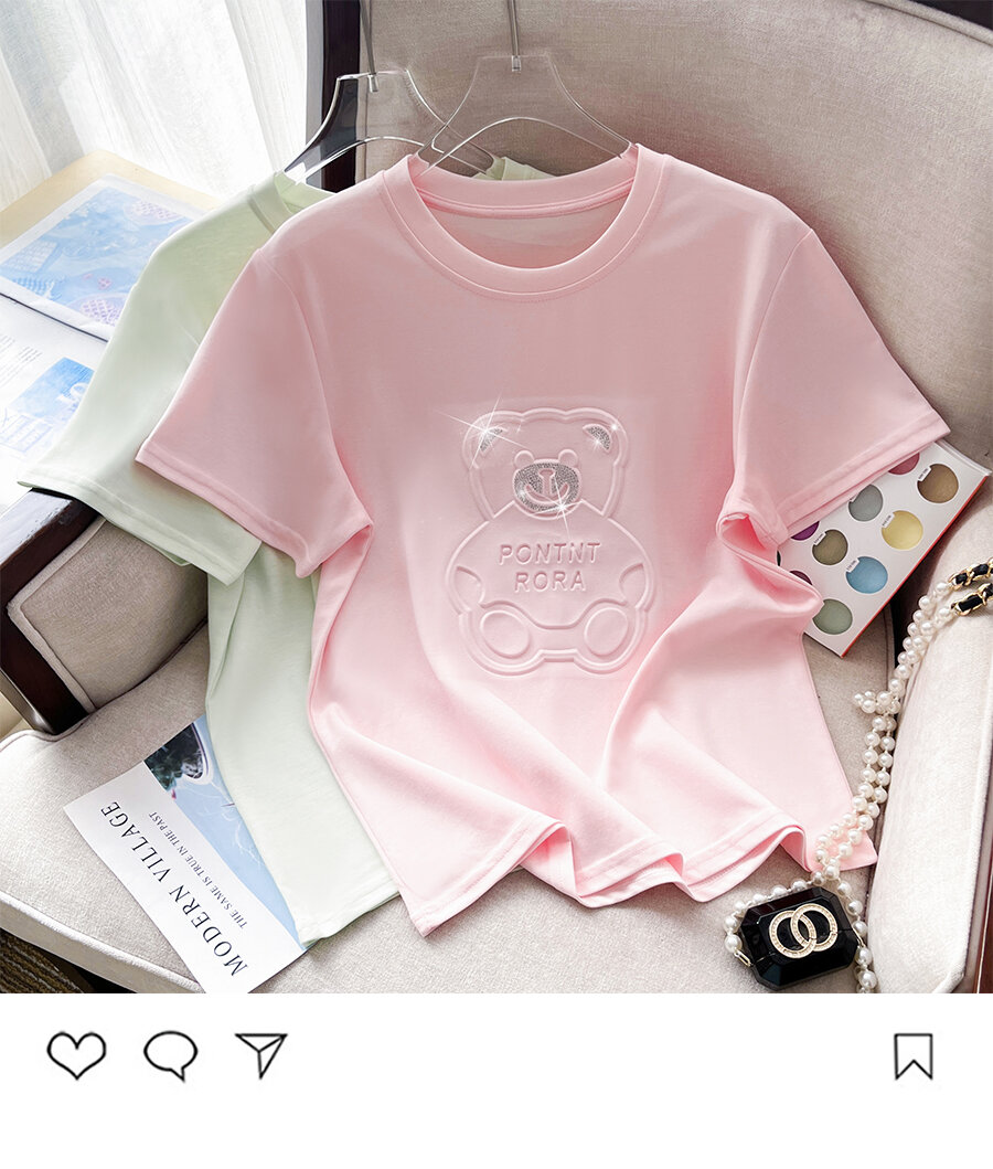 Summer New Pure Cotton Short Sleeve T-Shirt Women's Cartoon 3D Bear Heavy-duty Rhinestone Loose Half Sleeve Simple Trendy