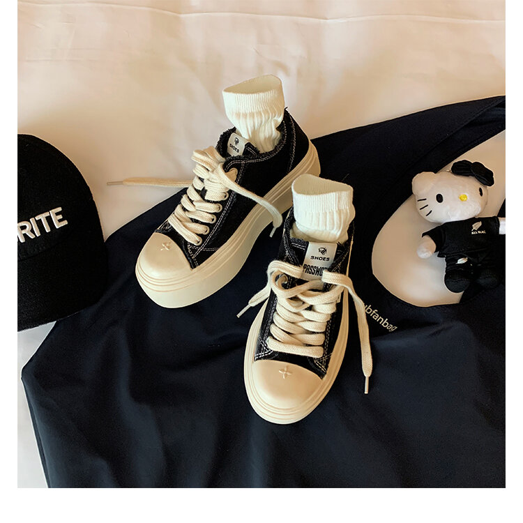 Women's Low Top round Toe Laced Canvas Shoes Thick Bottom Cross Pattern White Sneakers Worn in Dirty Looking Shoes · v11