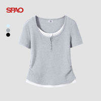spao | Blue Two-piece Illusion Short Sleeve T-shirt Womens Shaping Slim-fit Summer Tops