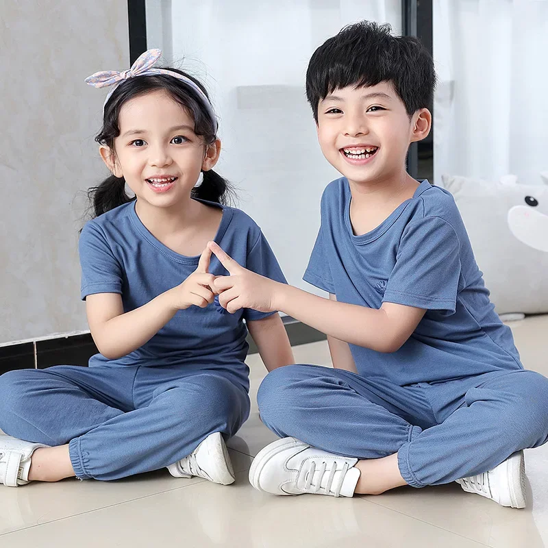 Children's Loungewear Ice Silk Boys 'And Girls' Pajamas Suit Summer Thin Air Conditioning Room Clothes Small and Older Children's Short Sleeve Kids' Trousers