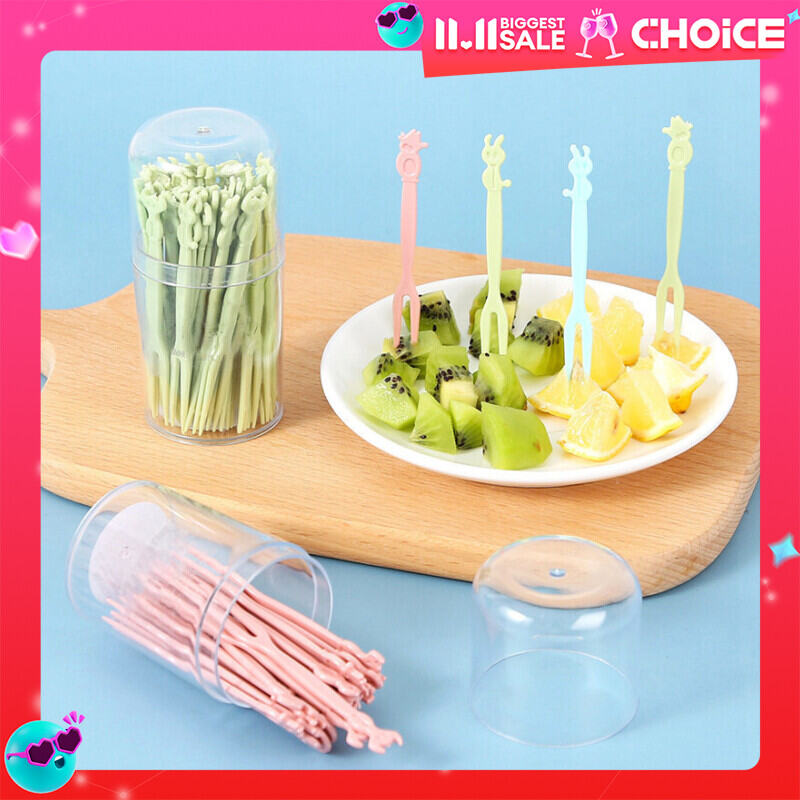 50PCS Fruit Fork Set Chữ ký trái cây dùng một lần nhựa đôi răng Trang trí nhà Bánh trái cây tráng miệng Fork nhỏ