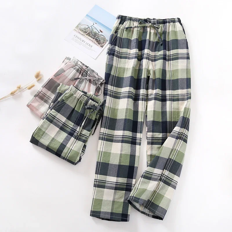 Couple's Simple Pajama Pants with Plaid for Summer Pants for Men and Women Pure Cotton Gauze Trousers Casual Home Thin Pants for Spring and Autumn