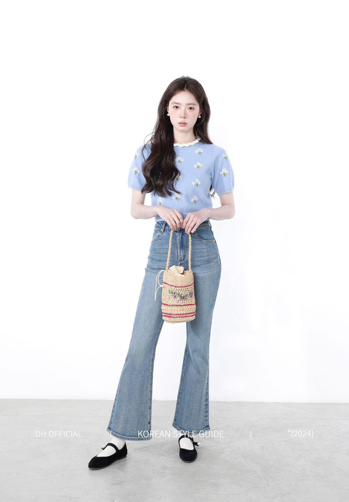 High Waist Flared Jeans Women's Spring Blue Cotton Stretch Denim Floral Print Supermodel Pants Straight Leg Trousers · v2