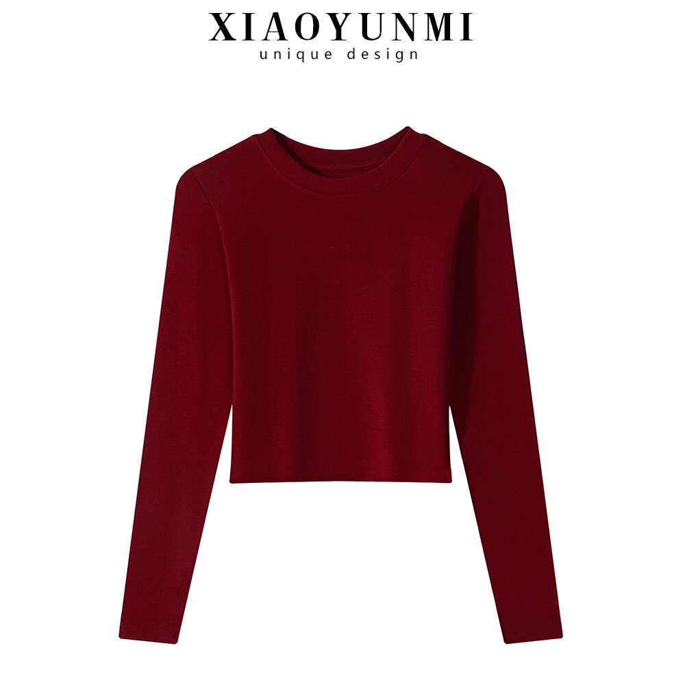 MayBay Women's Baroque Red Long Sleeve Boho T-Shirt – Casual Vintage Top With Rhinestone & Floral Accents