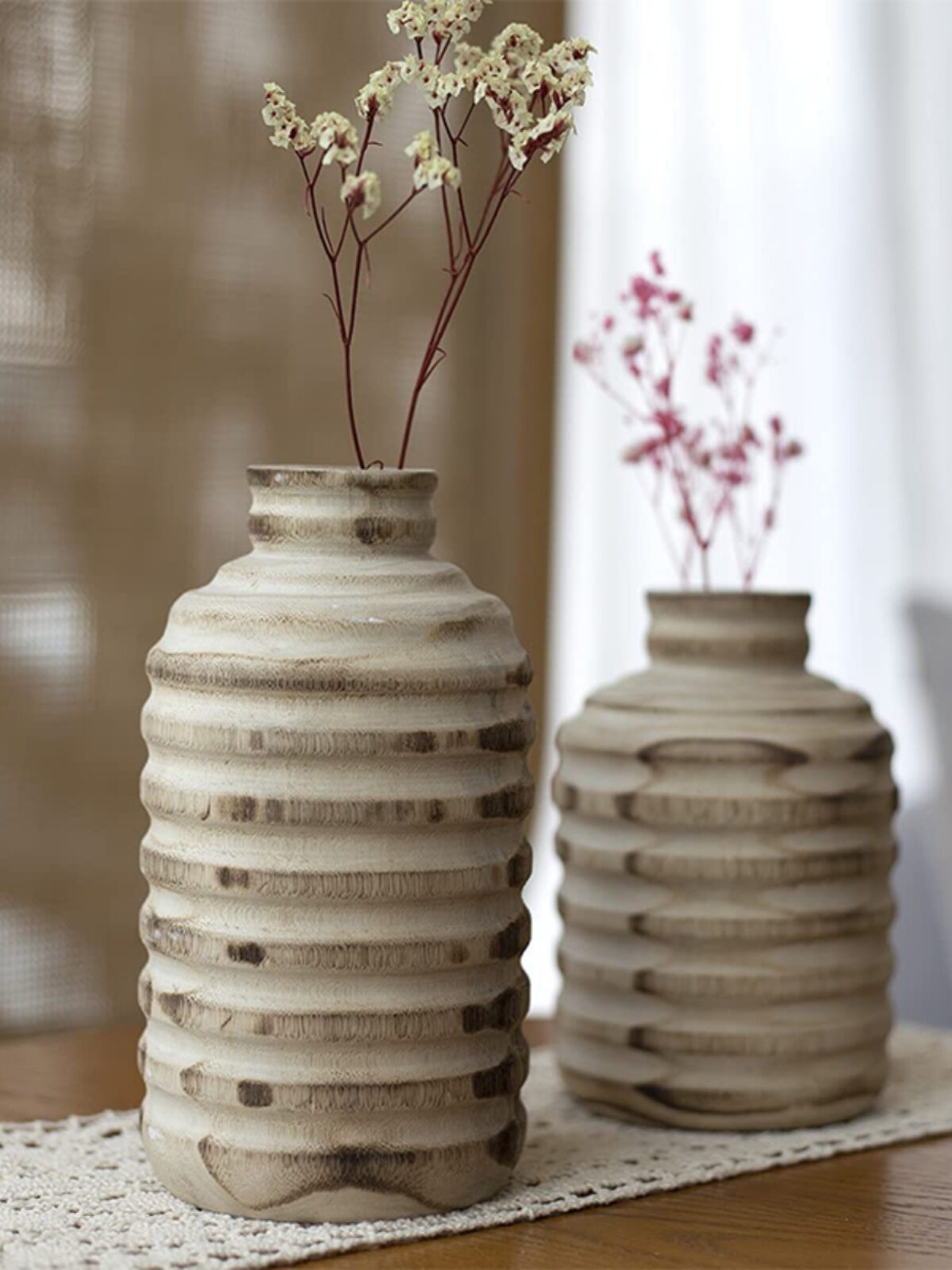 Retro Wooden Flower Vase Decorative Piece Handmade Solid Wood Hotel Homestay Wabi-Sabi Style Home Decor Large Size Tabletop Flower Vase
