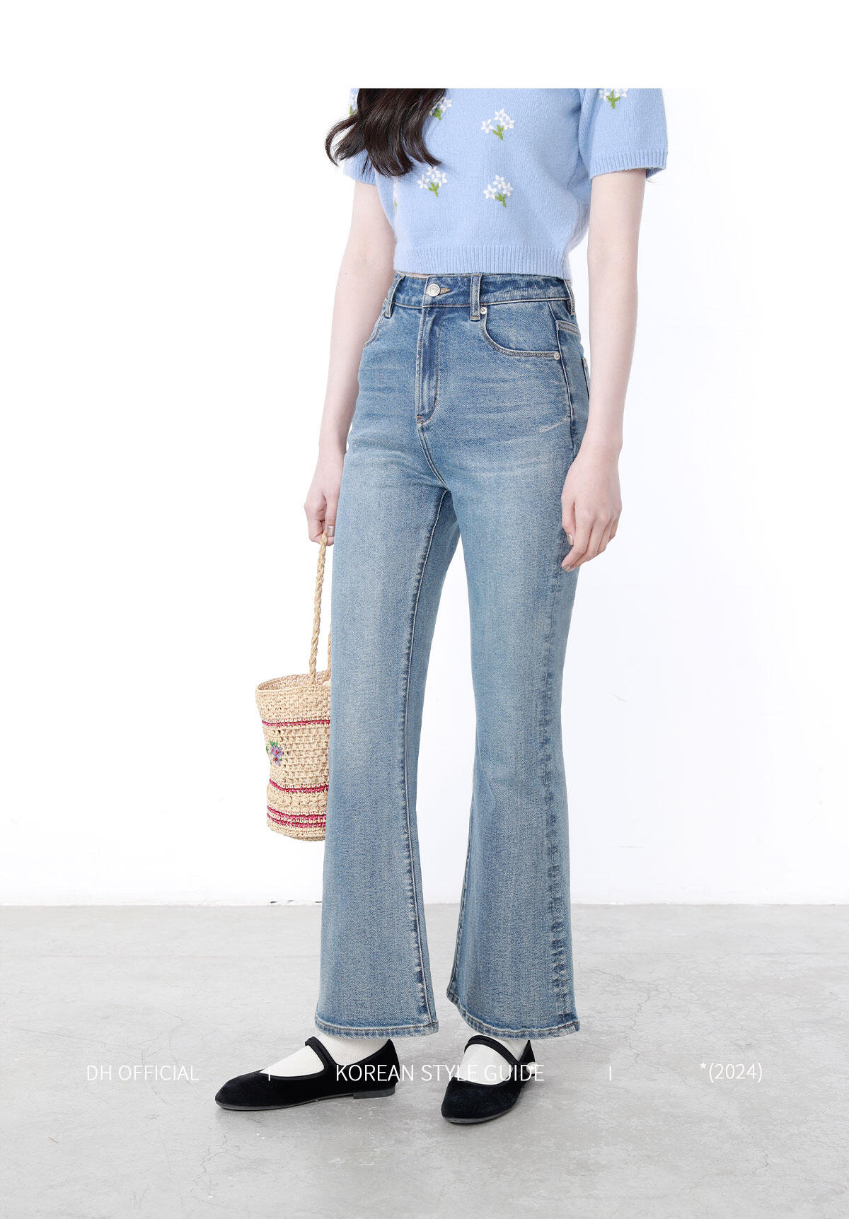 High Waist Flared Jeans Women's Spring Blue Cotton Stretch Denim Floral Print Supermodel Pants Straight Leg Trousers · v2