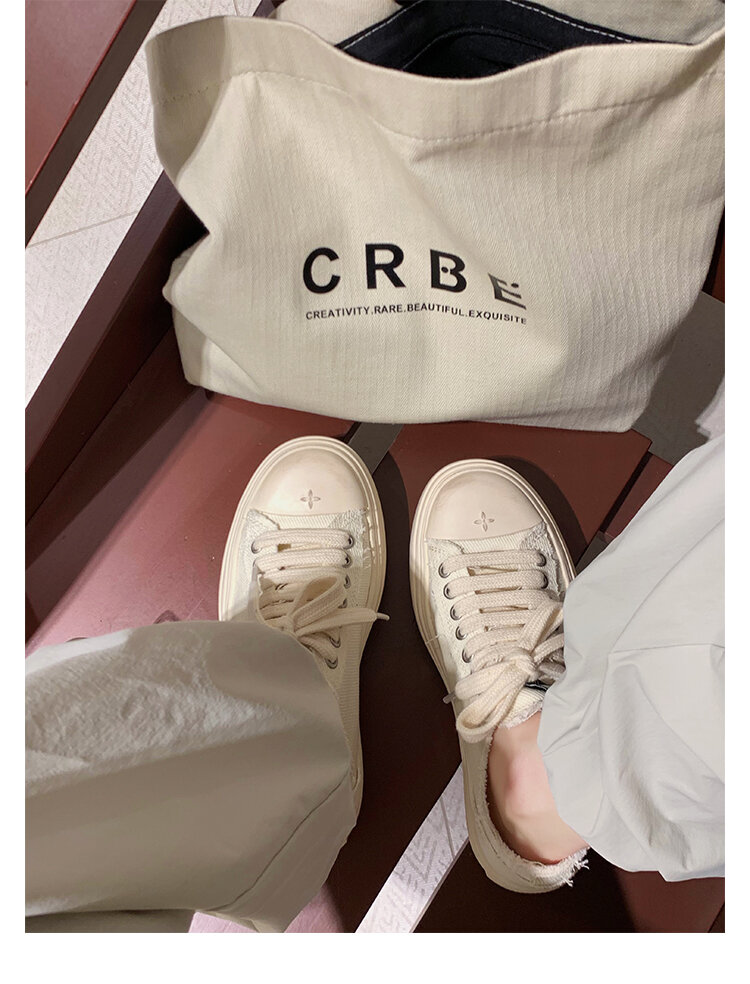 Women's Low Top round Toe Laced Canvas Shoes Thick Bottom Cross Pattern White Sneakers Worn in Dirty Looking Shoes · v11